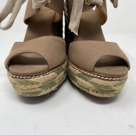 Tory Burch Linley Espadrille Wedges Platform Heels Women's 7 Olive Brown Lace Up - Picture 3 of 9